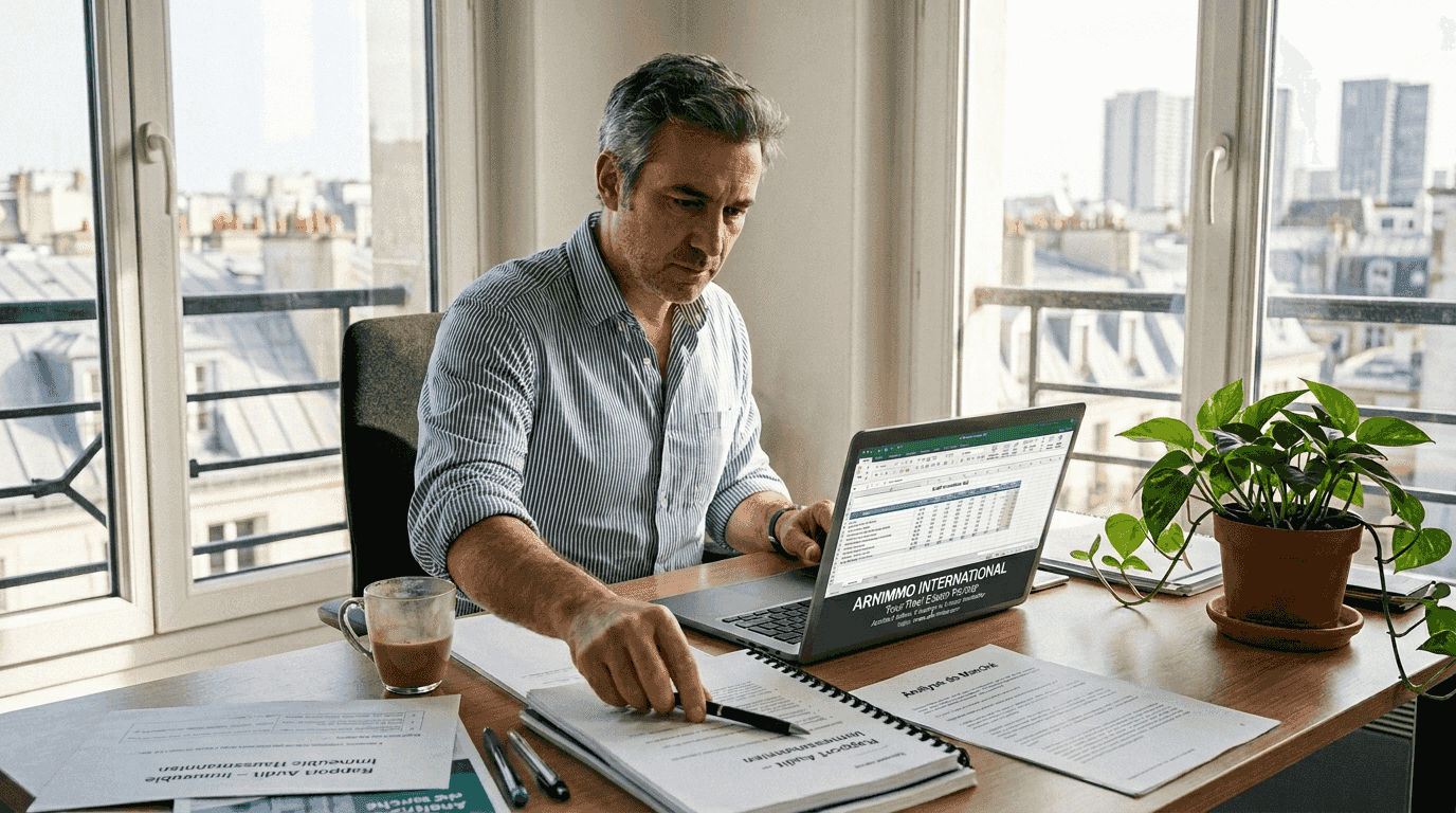 Un professionnel passe en this revue un rapport d’audit immobilier dans son pipeline de travail.