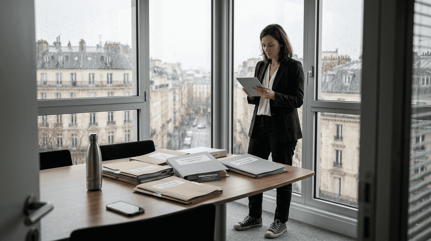 Gestionnaire immobilier travaillant depuis un bureau avec une vue imprenable sur la ville.