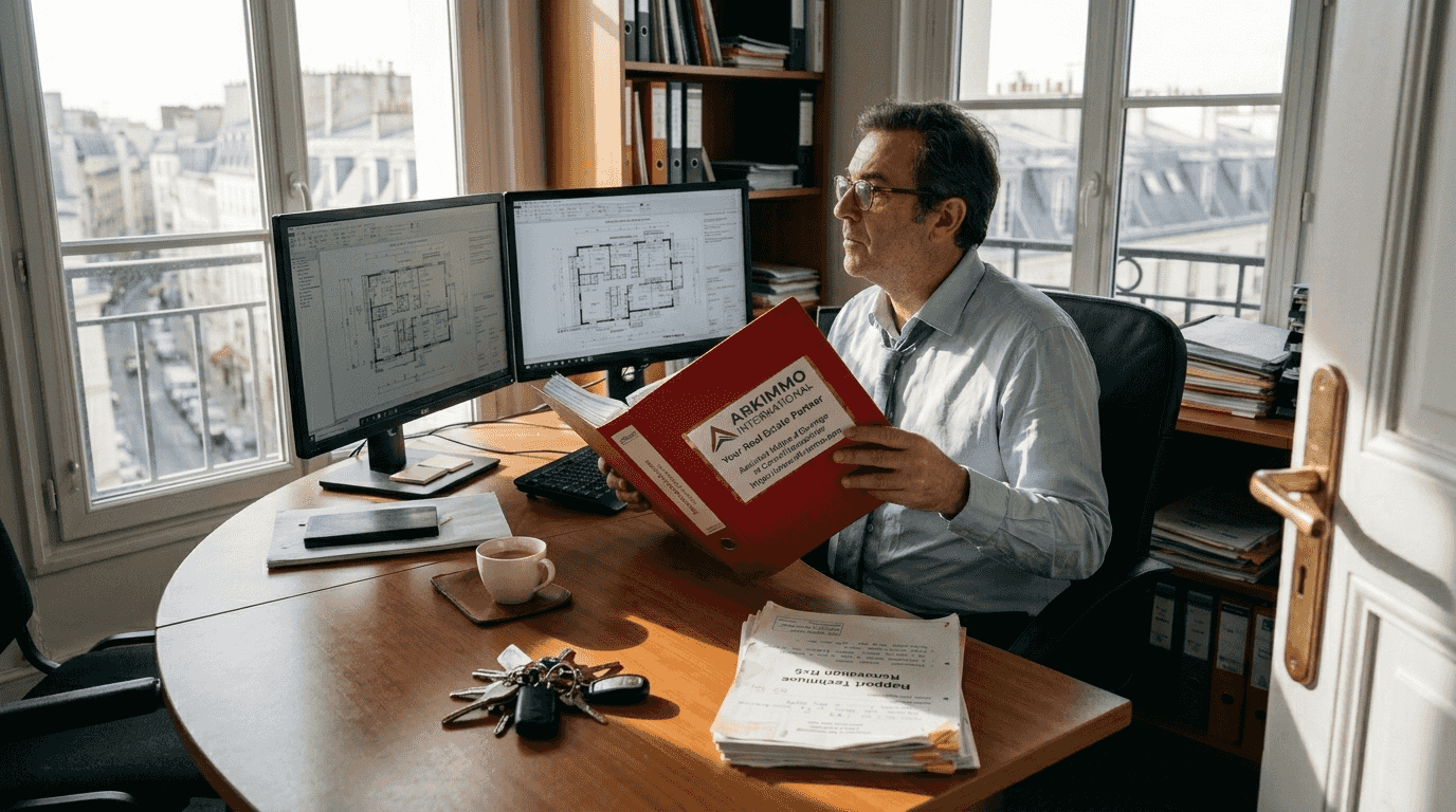 Responsable immobilier en train d’analyser des dossiers techniques dans son bureau