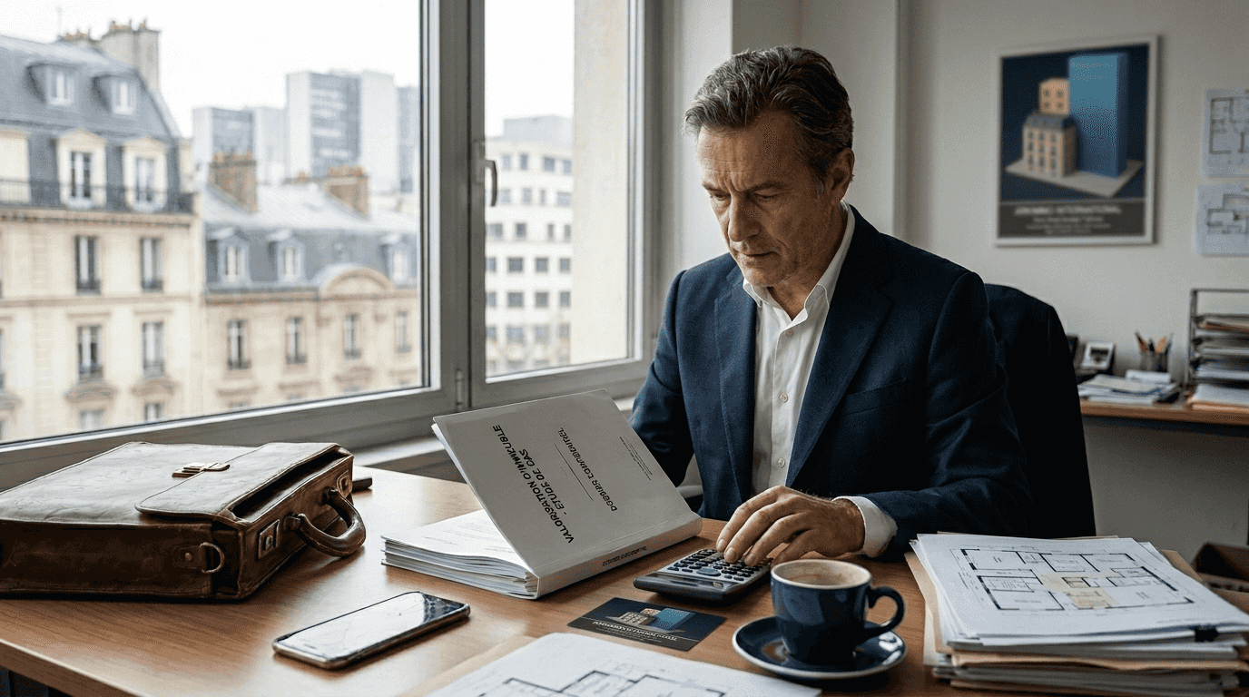 Un homme passe en revue un dossier immobilier à son bureau