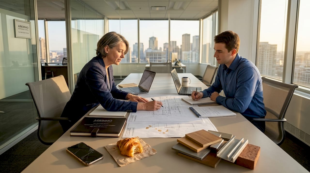 L’équipe en charge du projet immobilier échange autour des plans et réfléchit aux différentes solutions pour optimiser l’aménagement.