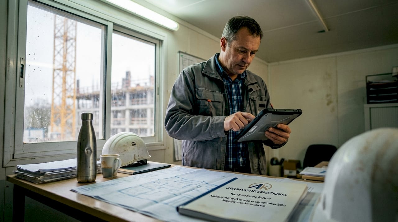 Sur le chantier, le chef de travaux pilote ses opérations grâce à sa tablette, optimisant la gestion en temps réel.