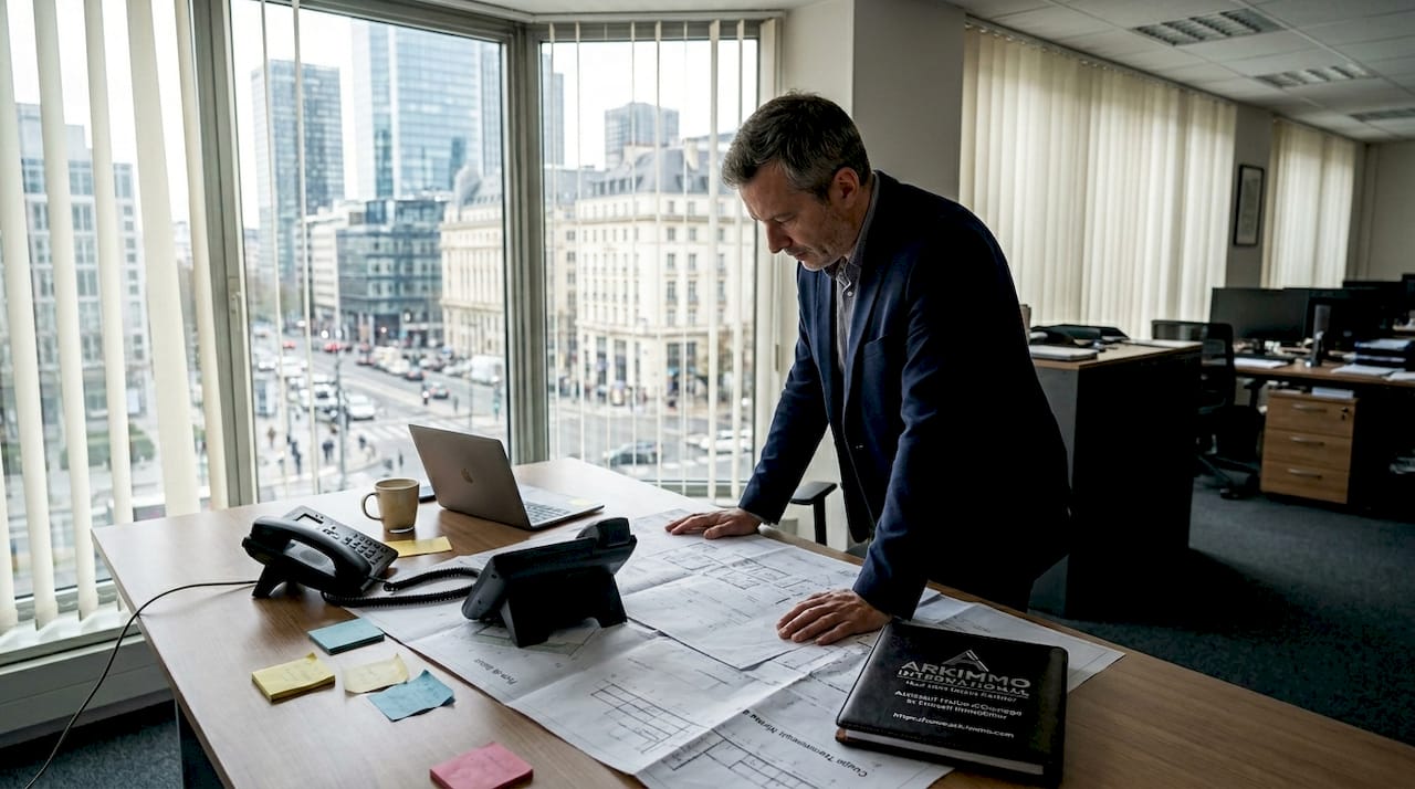 Un chef de projet passe en revue des plans dans un bureau baigné de lumière naturelle.