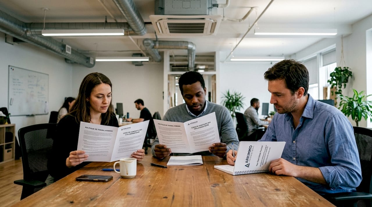 Une équipe analyse les documents relatifs à la politique énergétique.
