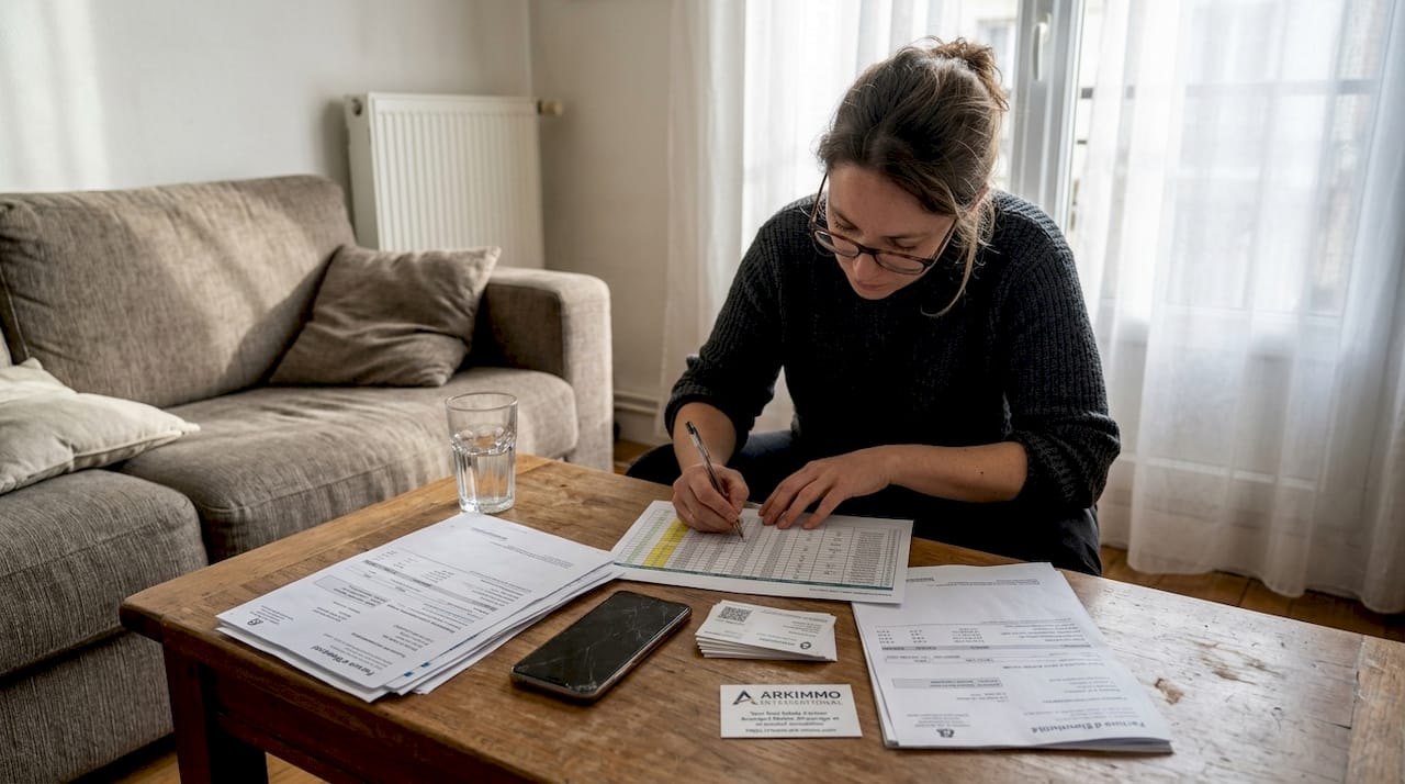 Un expert en énergie passe en revue les factures dans son appartement pour optimiser sa consommation.