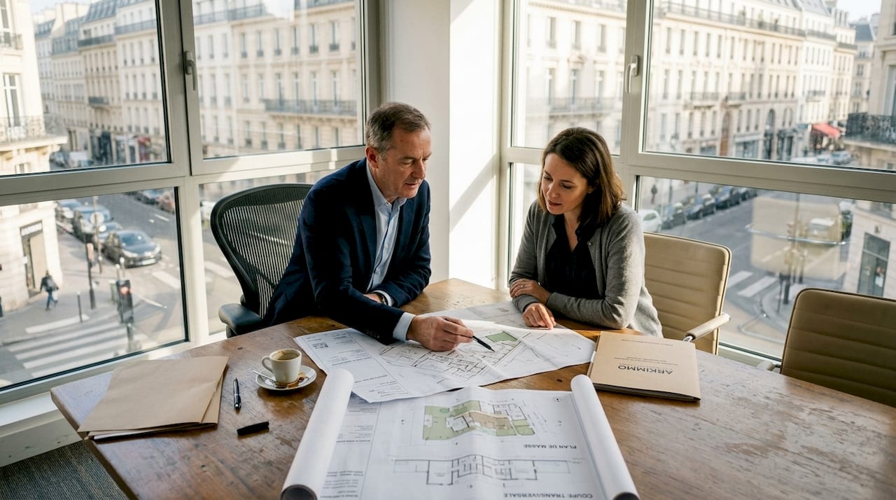 Rendez-vous entre un conseiller immobilier et sa cliente pour discuter des plans du projet.