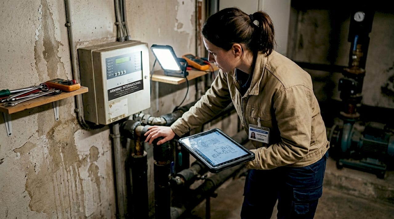 Une technicienne procède à l’inspection des installations d’un bâtiment ancien.