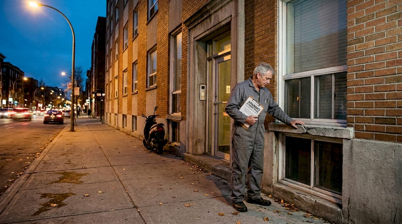 Un agent d’entretien procède à une vérification de la façade de l’immeuble.