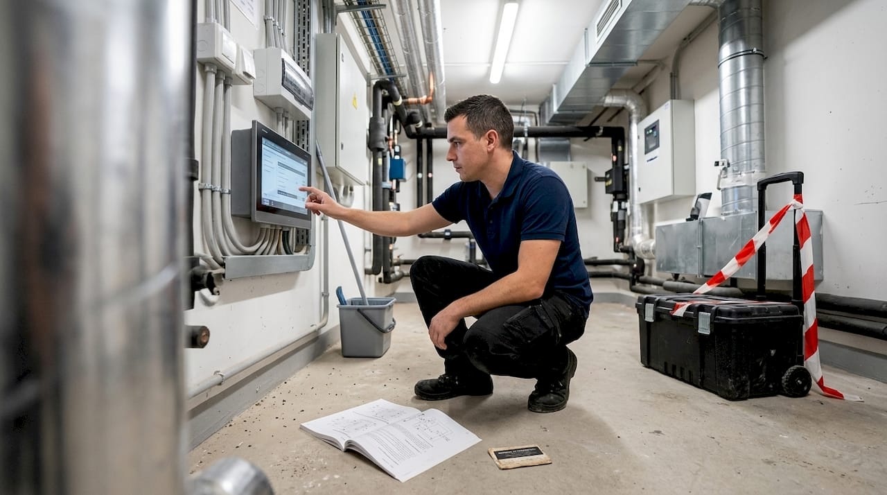 Un technicien procède au réglage du panneau de gestion technique dans le local technique.