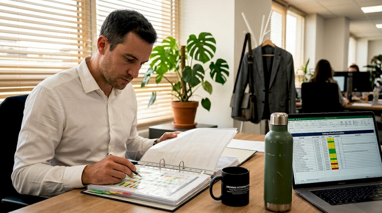 Un consultant en immobilier en pleine analyse d’une grille d’audit ESG