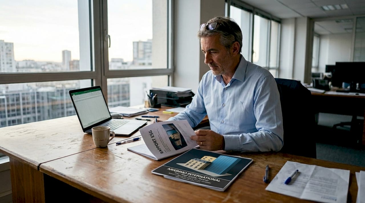 Un responsable analyse un dossier ESG assis à son bureau, concentré sur les enjeux de développement durable et de gouvernance.