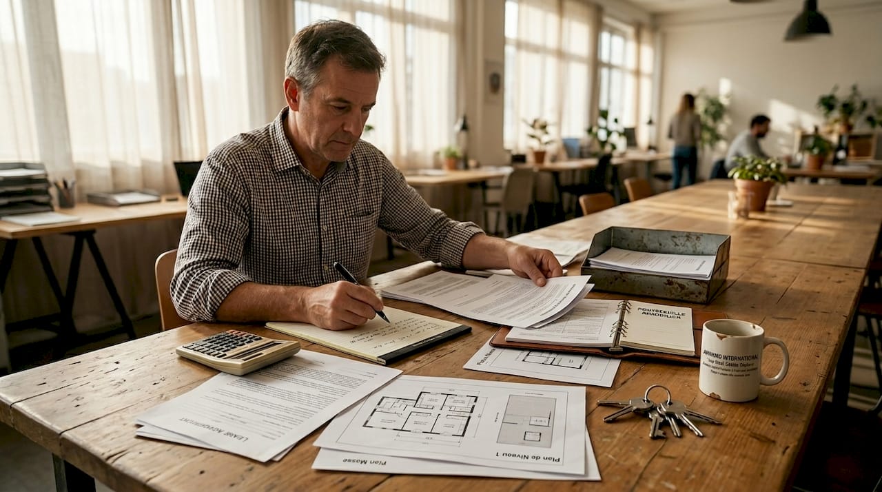 Gestionnaire en train de classer et d’archiver les documents juridiques relatifs à un bien immobilier.