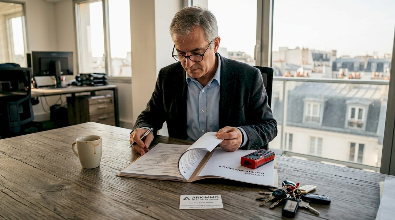 Un spécialiste en audit en pleine analyse de dossiers dans un bureau moderne en ville.