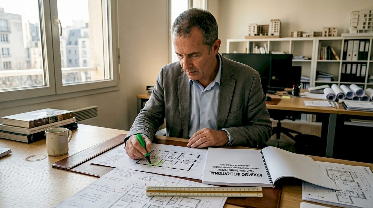 Un homme examine un dossier de candidature pour un appel d’offres immobilier.