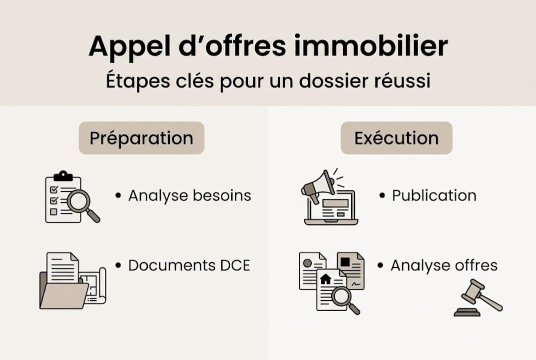Les grandes étapes d’un appel d’offres en immobilier, présentées en infographie