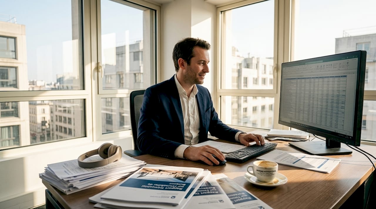 Un expert analyse des données immobilières depuis son bureau.