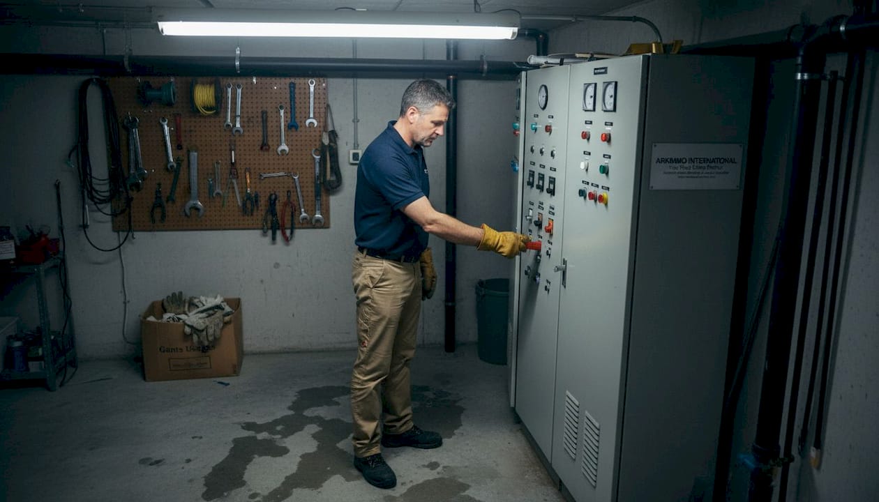 Le responsable technique procède à la vérification des installations dans les locaux techniques en sous-sol.