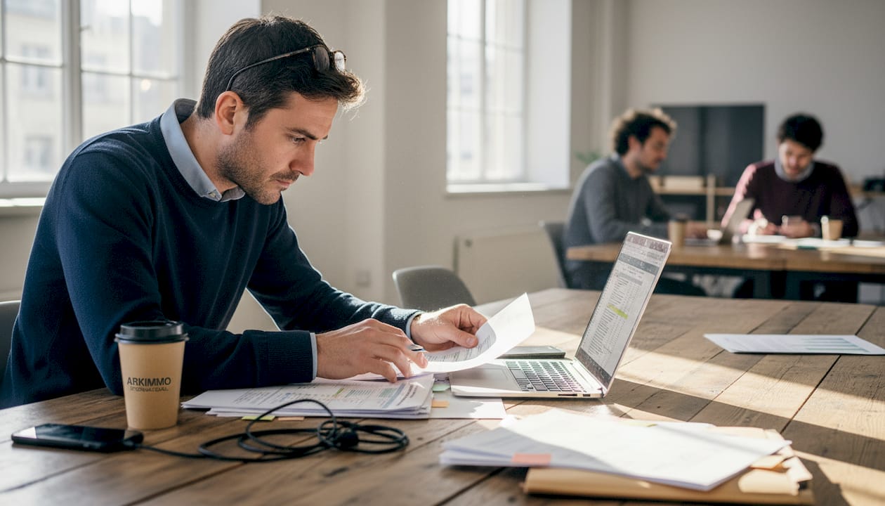 Installé à une table débordant de documents dans un espace de coworking, un analyste examine attentivement les chiffres réglementaires.