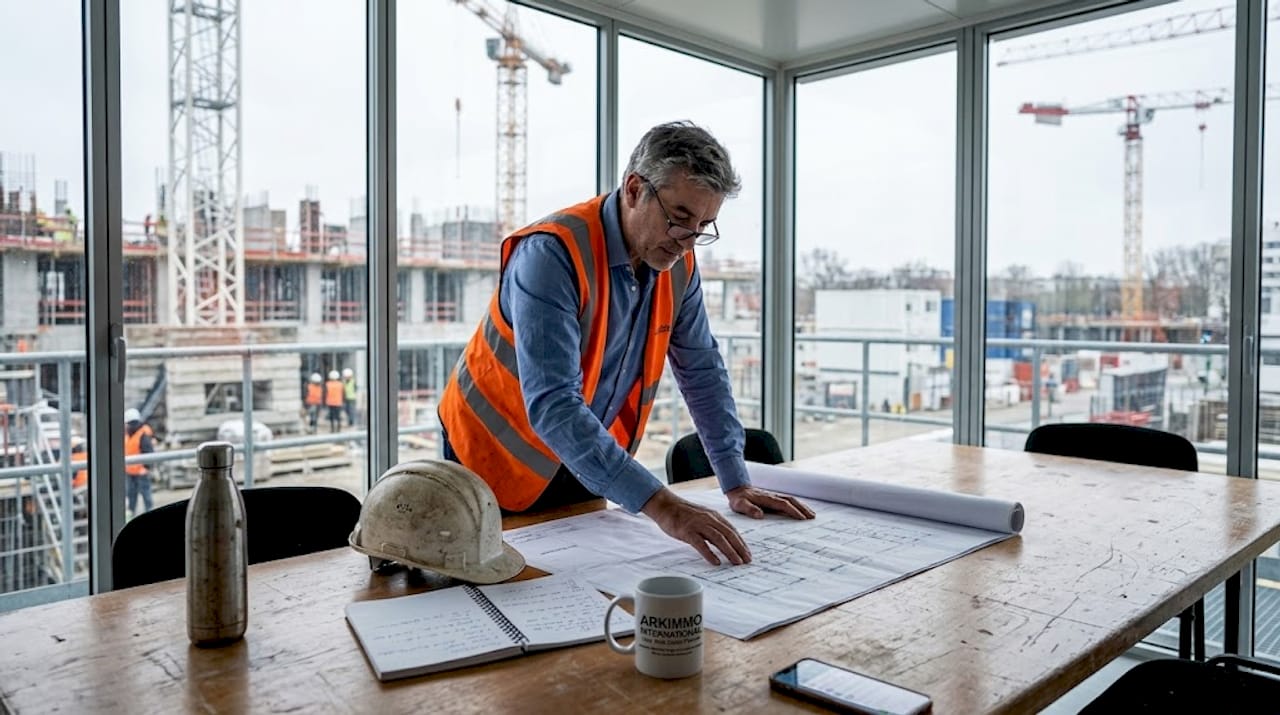 Sur le chantier, le responsable de travaux examine attentivement les plans pour s’assurer que tout est conforme aux prévisions.