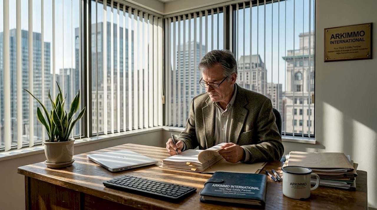 Un conseiller immobilier expérimenté en pleine analyse de dossiers dans son bureau.