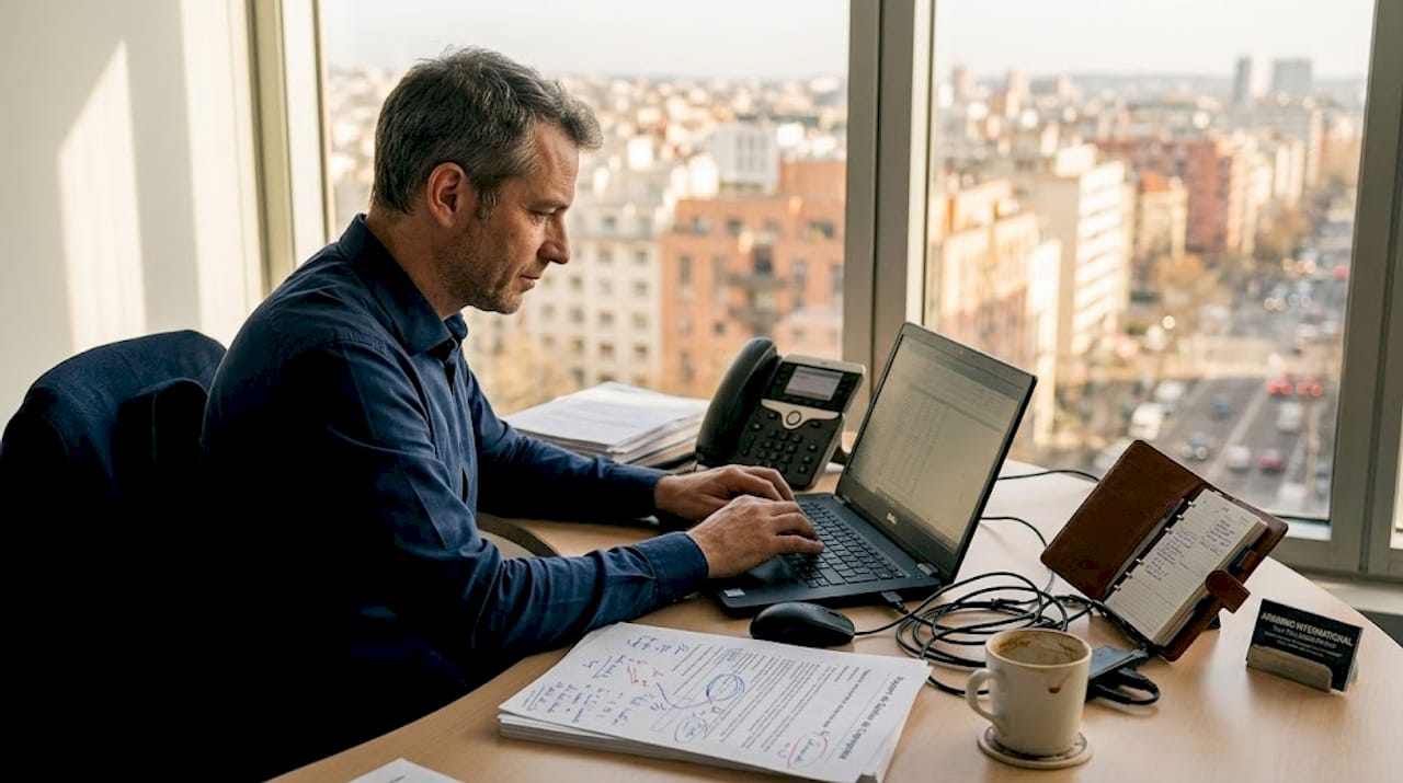 Un gestionnaire de biens immobiliers en train de traiter ses dossiers sur son ordinateur, installé à son bureau.