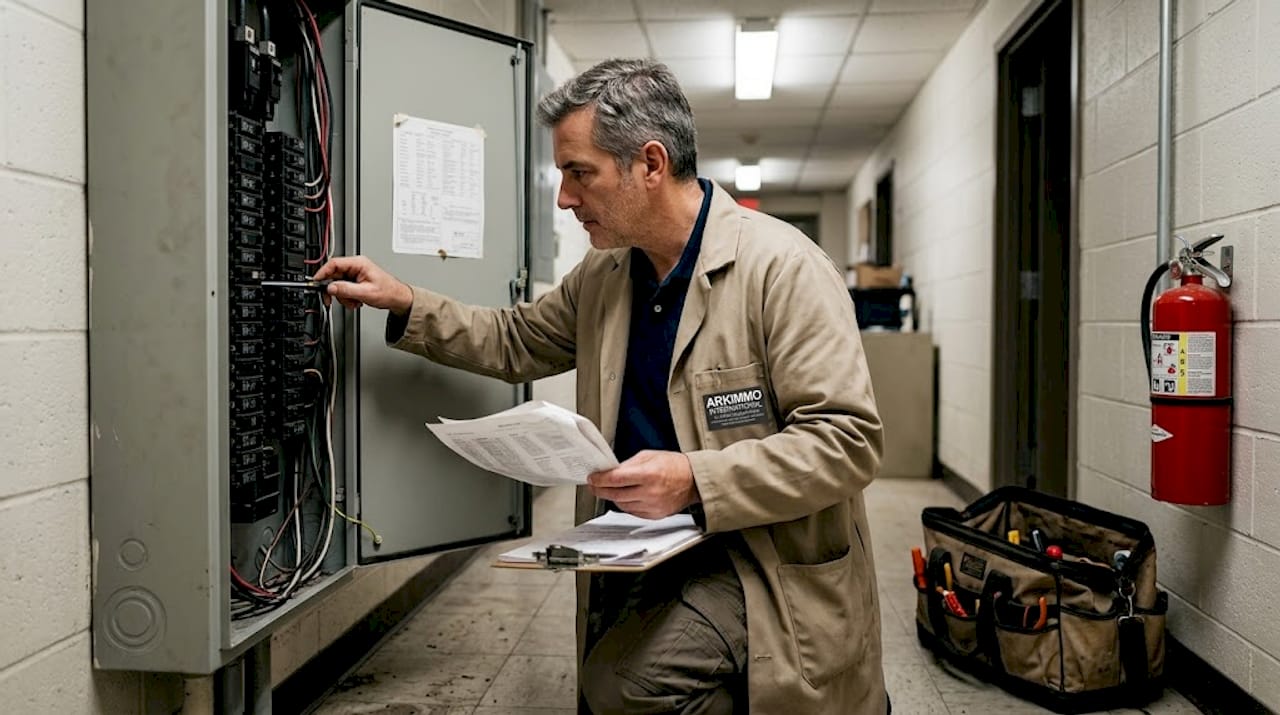 Un inspecteur procède à la vérification du tableau électrique dans l’immeuble.