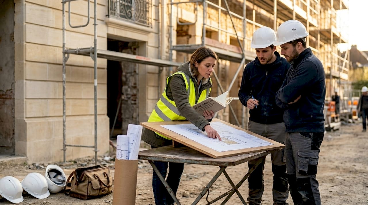 L’architecte échange avec l’équipe sur le terrain à propos du futur projet immobilier.