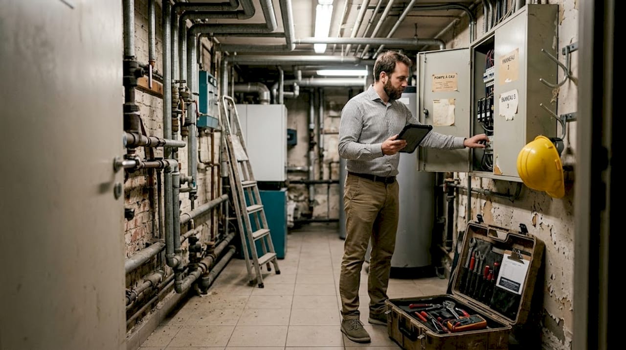 L’inspecteur prend des notes tout en effectuant son contrôle dans la salle des machines.