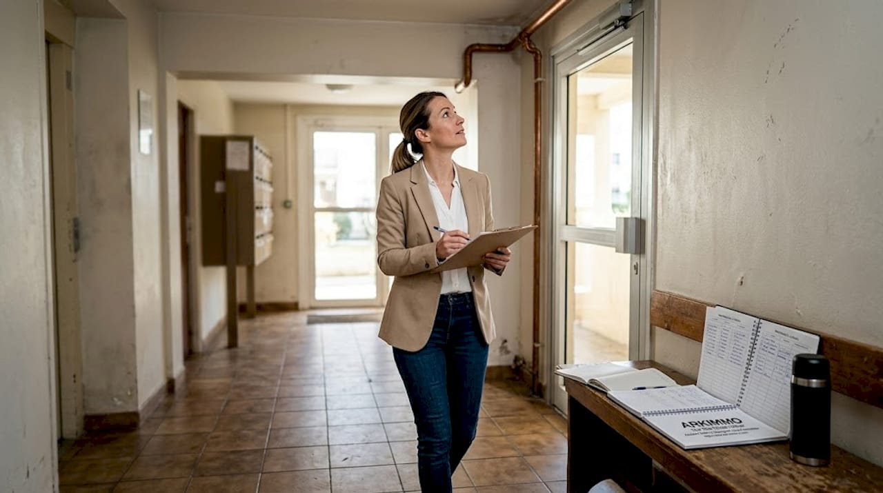 Le gestionnaire de l’immeuble effectue une visite de l’entrée des logements pour vérifier l’état des lieux.