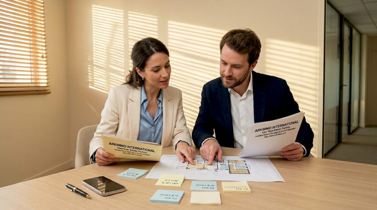 Deux chefs de projet discutent ensemble des plans d’un nouveau programme immobilier.