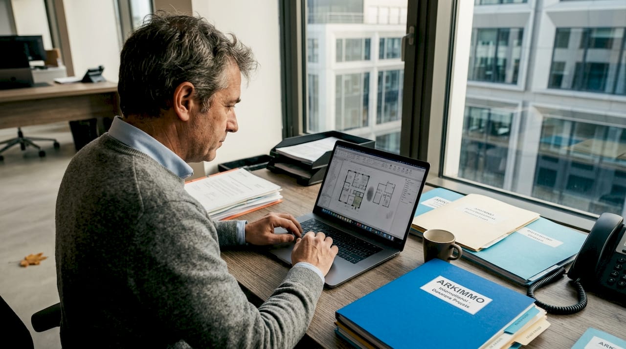 Un gestionnaire immobilier passe en revue des plans dans son bureau, s’assurant que tout est conforme avant de lancer de nouveaux projets.