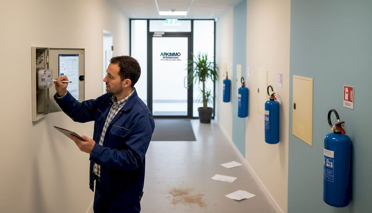 Un technicien procède à la vérification d’un compteur dans un bâtiment de bureaux.