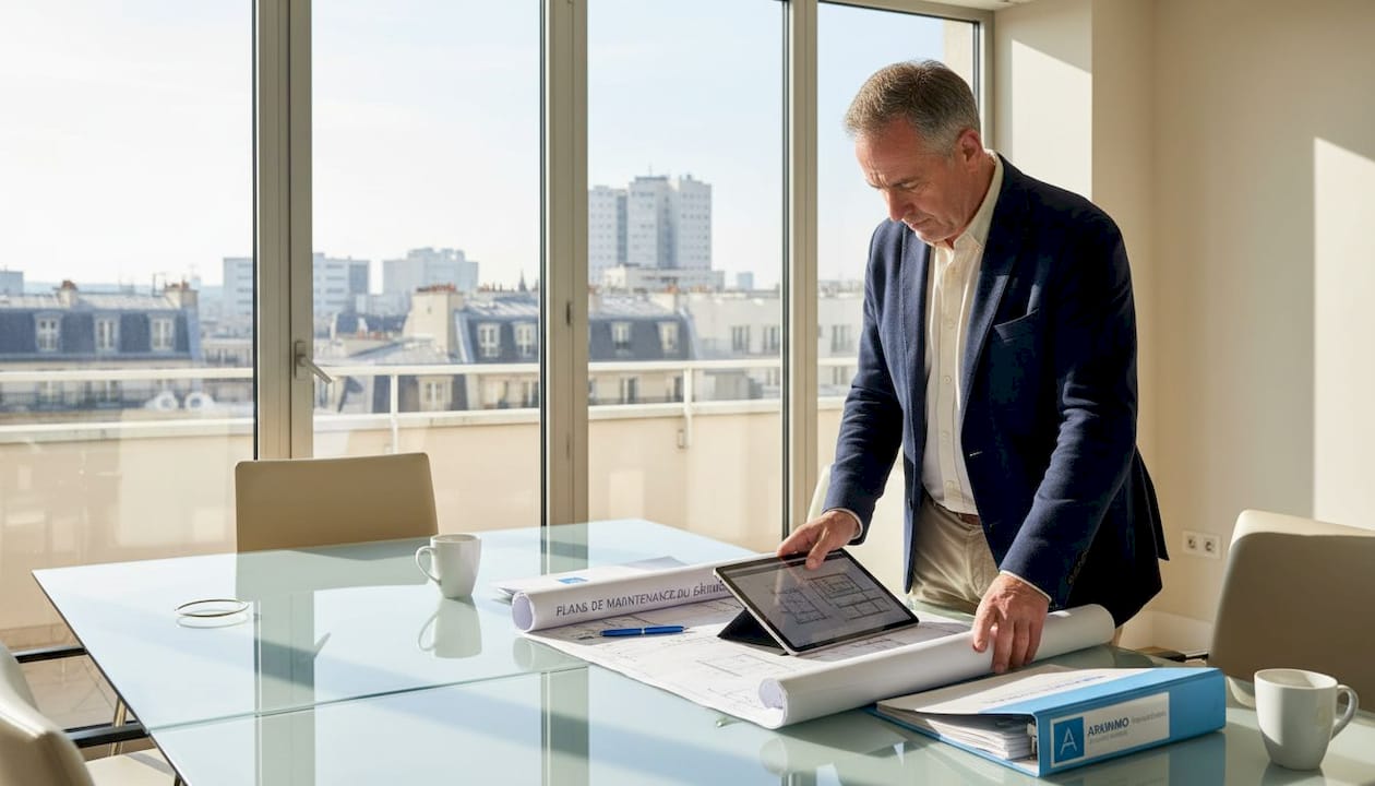 Le responsable des installations examine les plans du bâtiment assis à son bureau.
