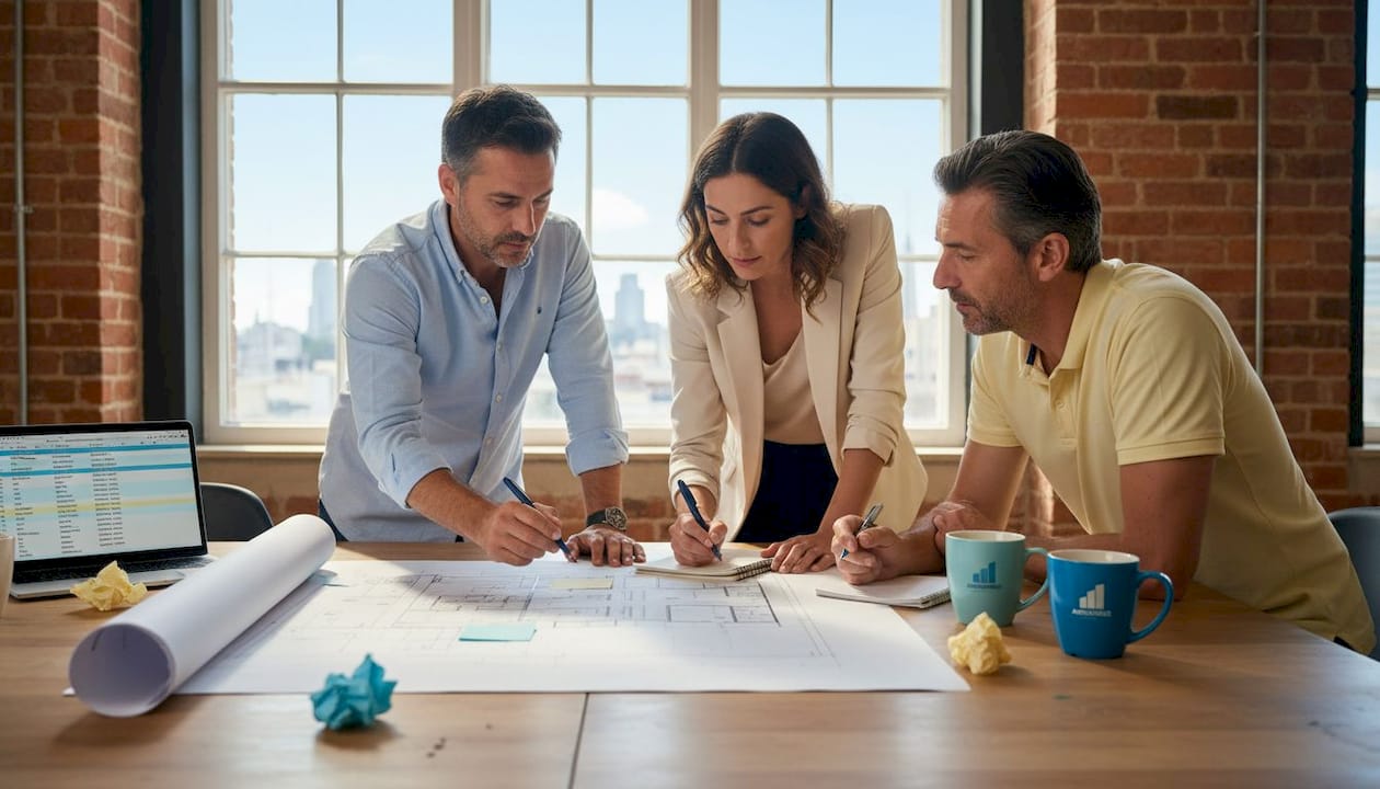 Une équipe internationale de l’immobilier se réunit autour du plan du site pour discuter du projet.