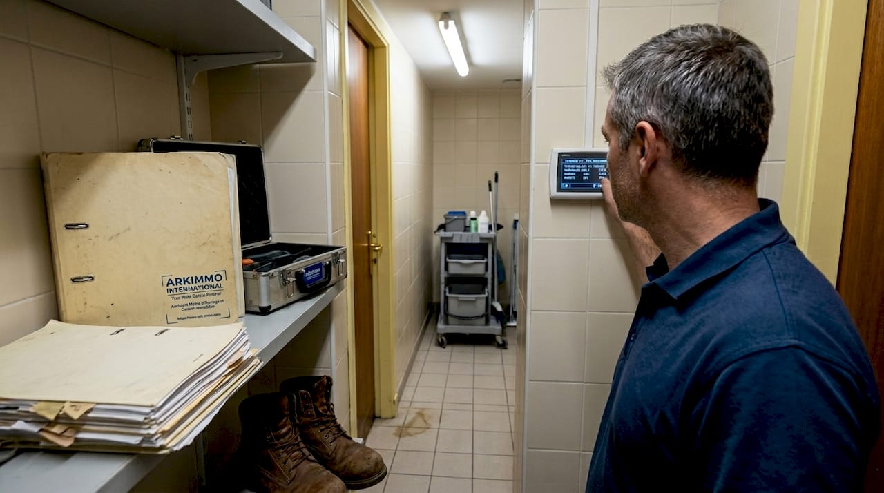 Un ingénieur procède à la vérification des systèmes de maintenance du bâtiment.