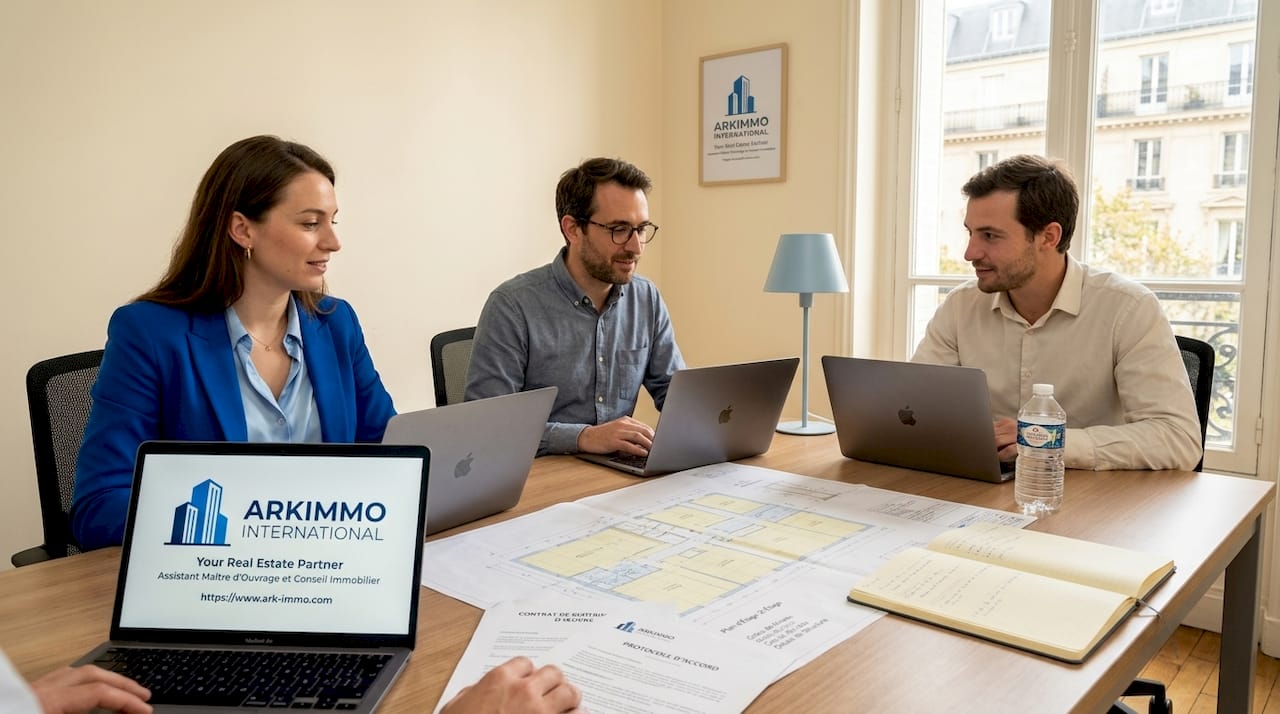 L’équipe en charge du projet immobilier échange lors d’une réunion de travail collaborative.