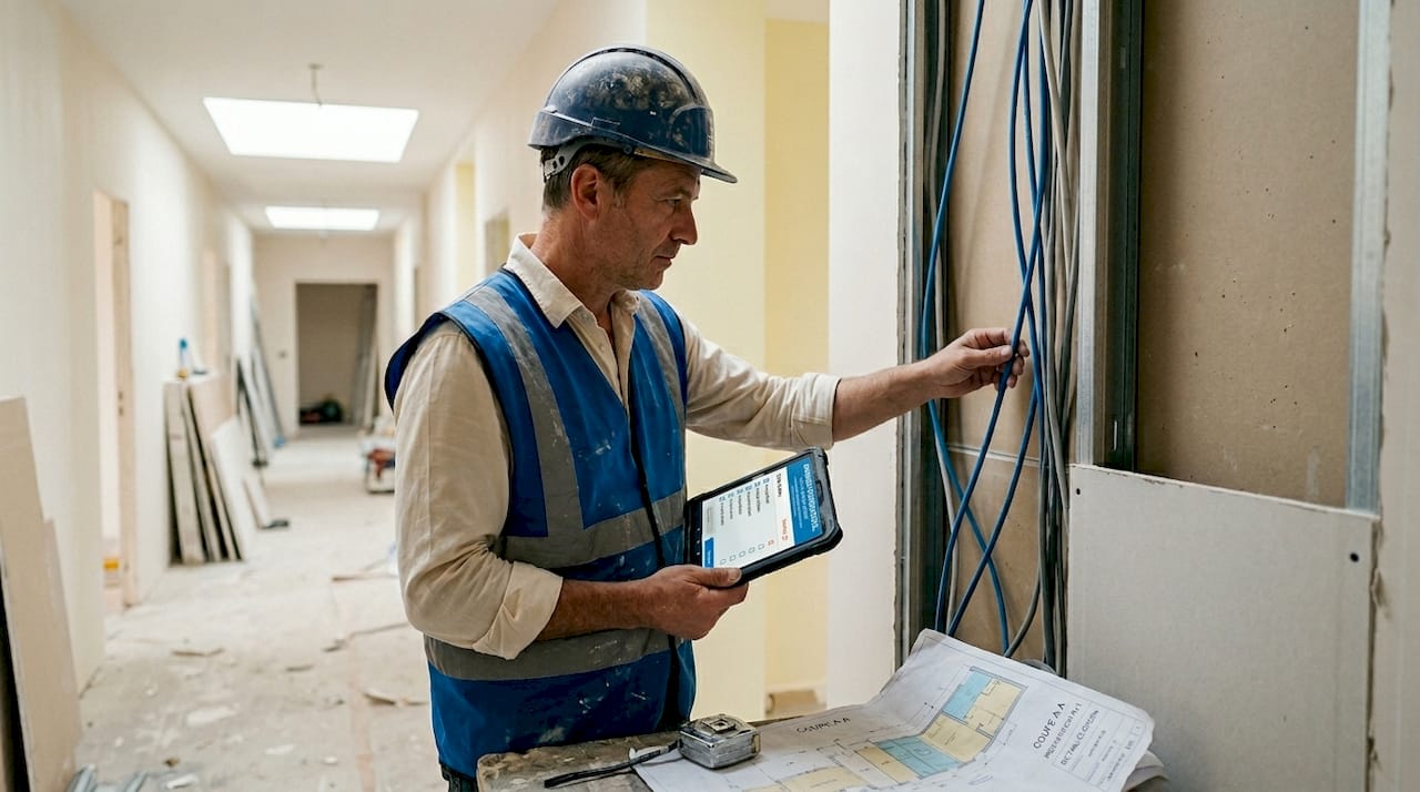 Ingénieur en assistance à maîtrise d’ouvrage réalisant une visite de chantier pour contrôler l’avancement des travaux.