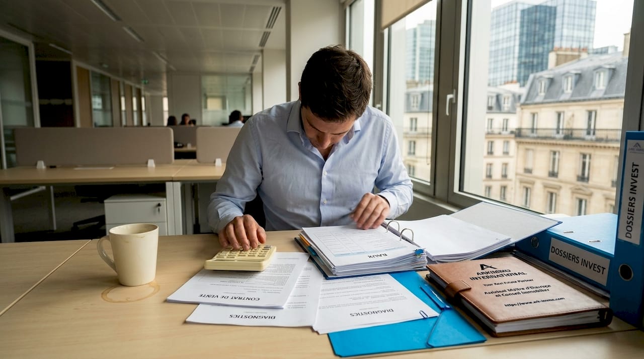 Un investisseur passe en revue des dossiers immobiliers étalés sur son bureau.