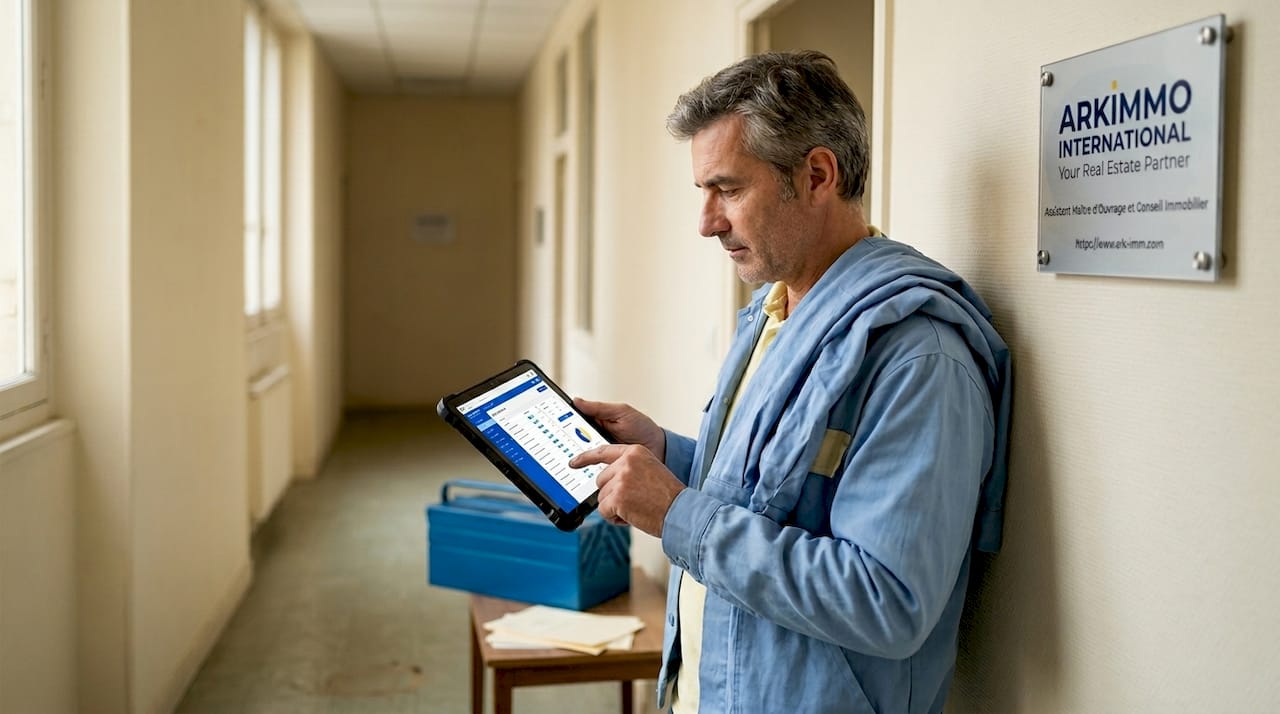 Un responsable d’établissement contrôle la conformité du bâtiment à l’aide d’une tablette.