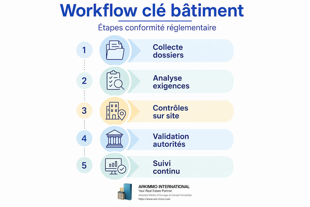 Schéma des principales étapes du processus de conformité dans le secteur du bâtiment