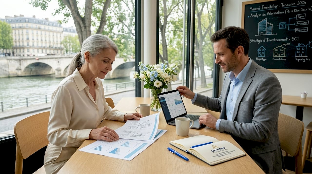 Des collaborateurs échangent autour de l'immobilier lors d'une réunion de travail.