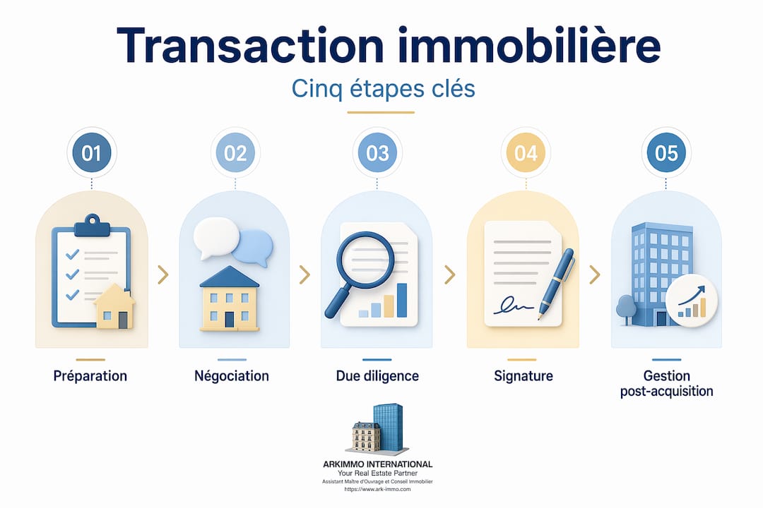 Infographie présentant les cinq grandes étapes d’une transaction immobilière