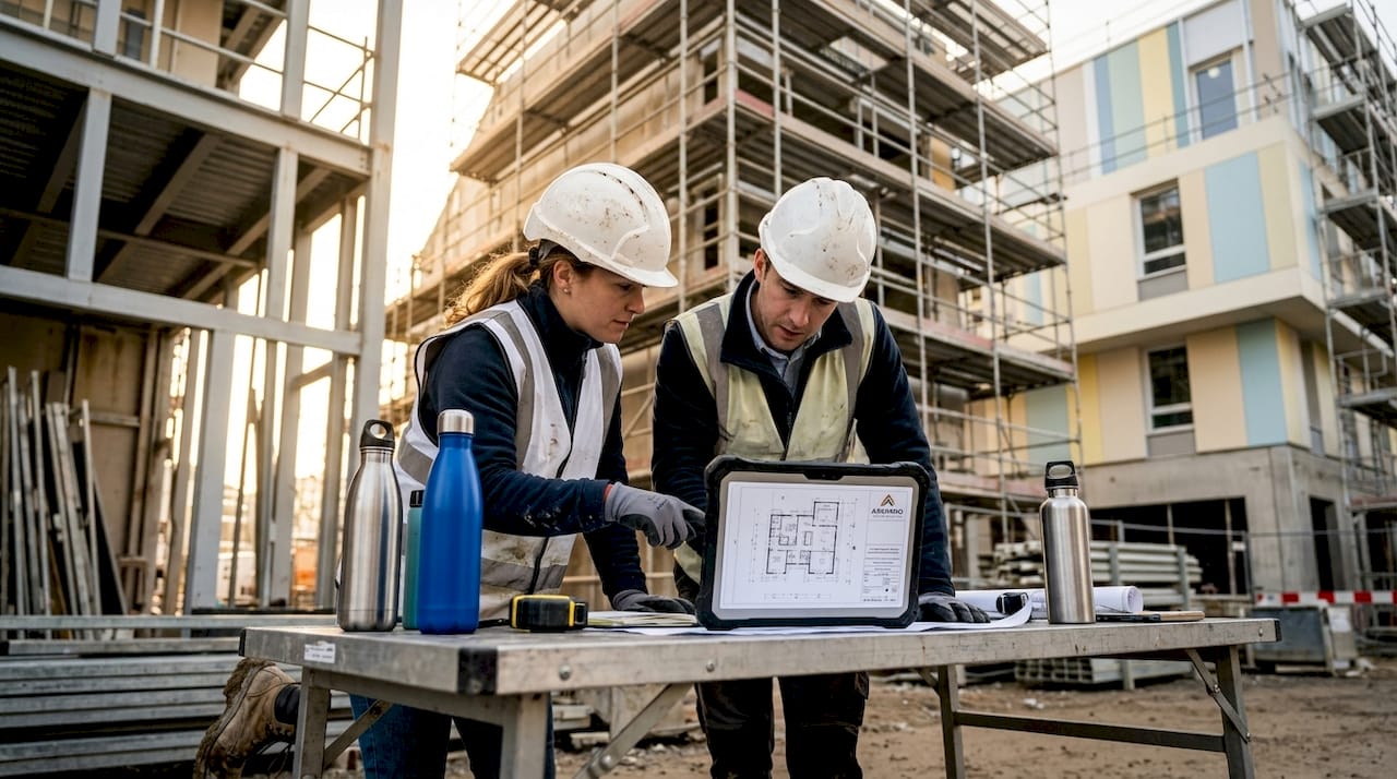 Des ingénieurs exploitent des outils BIM directement sur le chantier pour optimiser la gestion du projet.