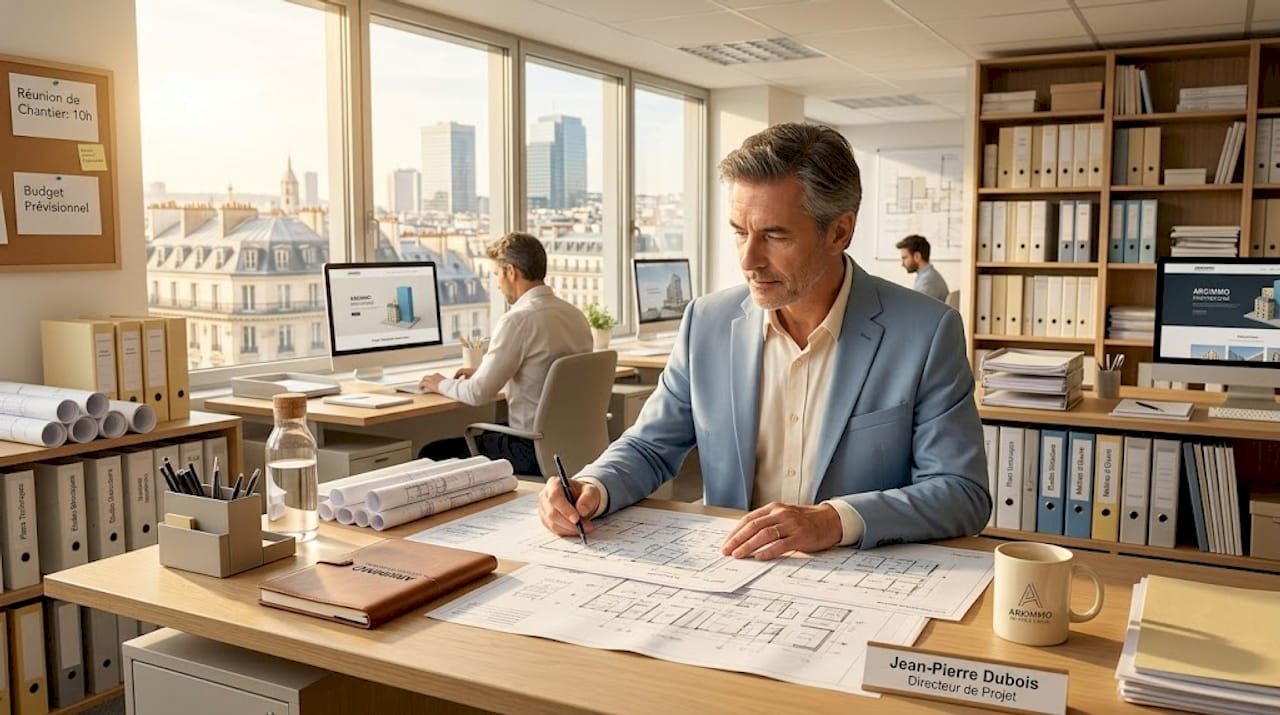 Un chef de projet examine des plans dans un bureau d’ingénierie spécialisé en immobilier.