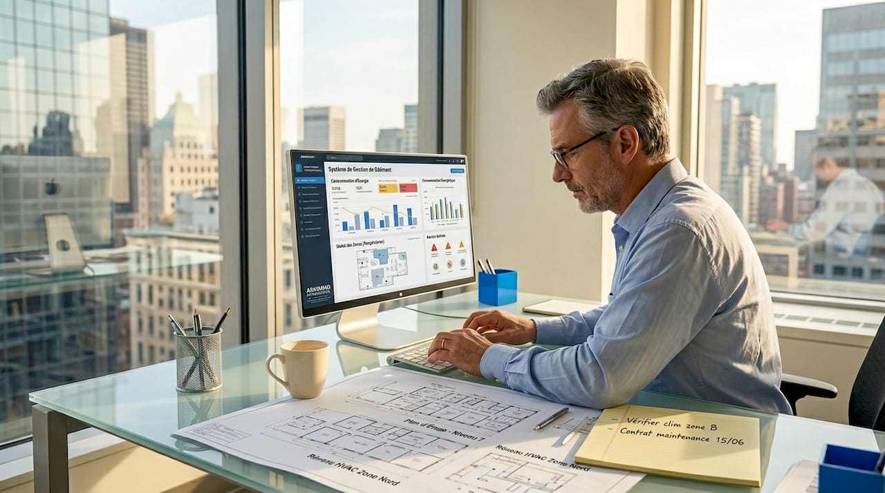 Assis à son bureau, le responsable des services généraux étudie les données de la GTB pour optimiser la gestion du bâtiment.