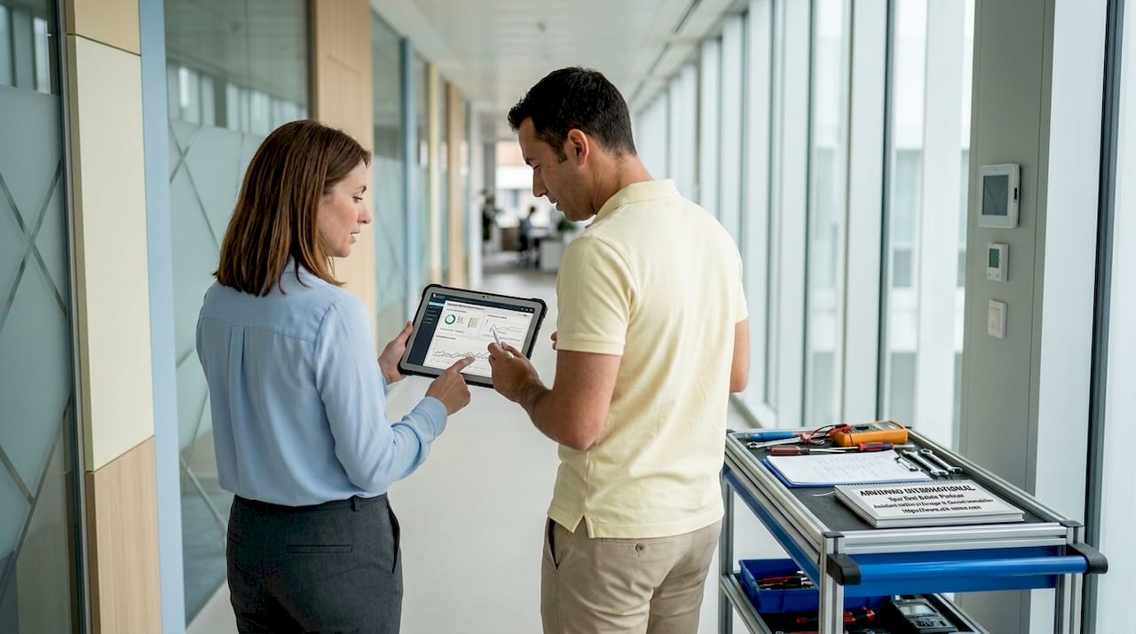 L’équipe de maintenance examine l’interface GTB dans le couloir.