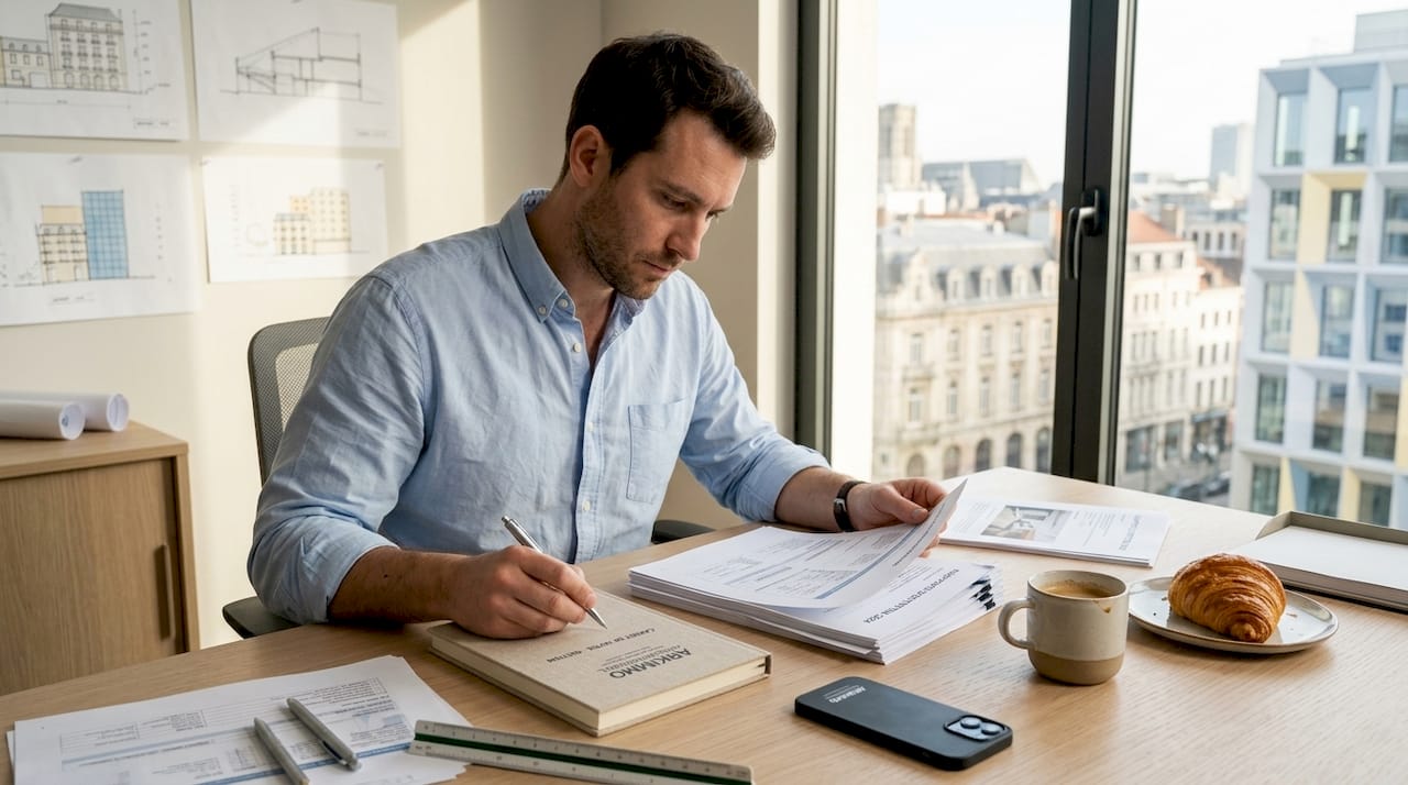 Un gestionnaire immobilier examine des dossiers dans son bureau d’angle.