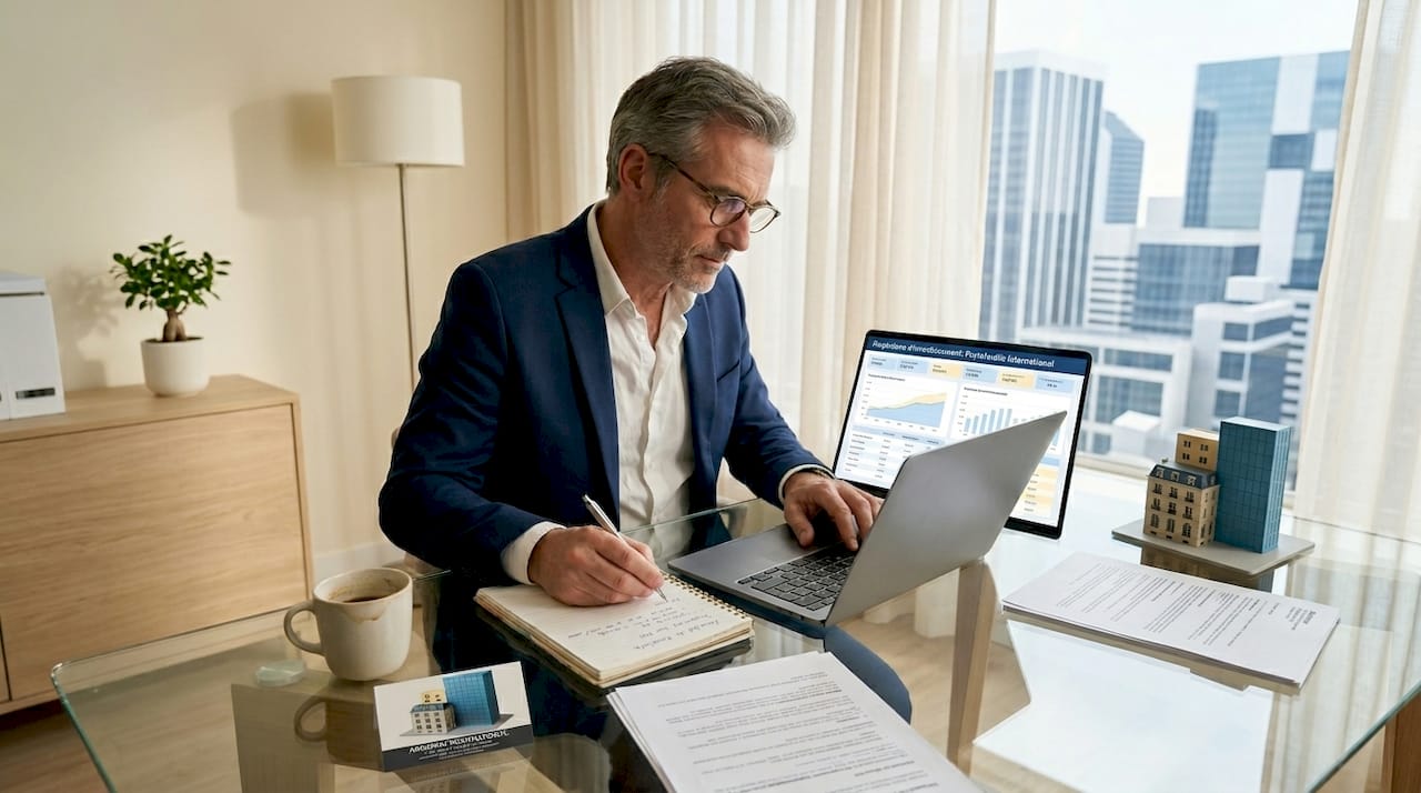Un gestionnaire immobilier analyse les prévisions d’investissements dans un bureau lumineux.