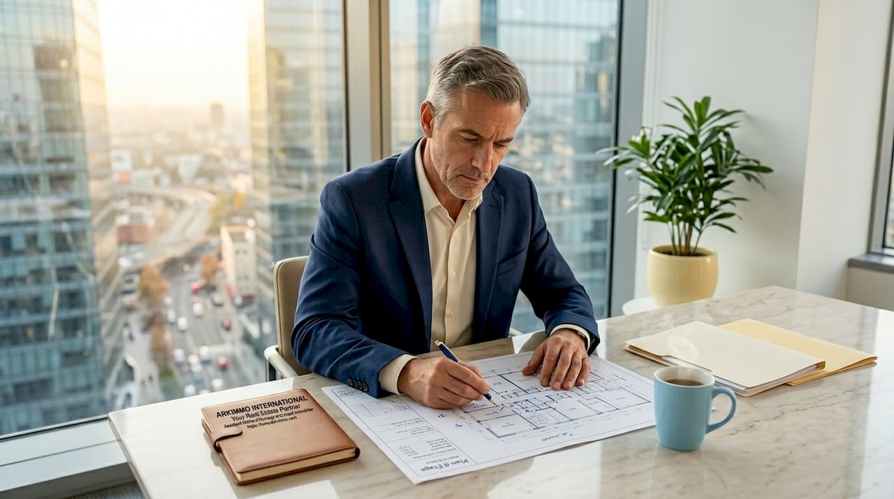Un chef de projet examine attentivement les plans d’un futur programme immobilier.