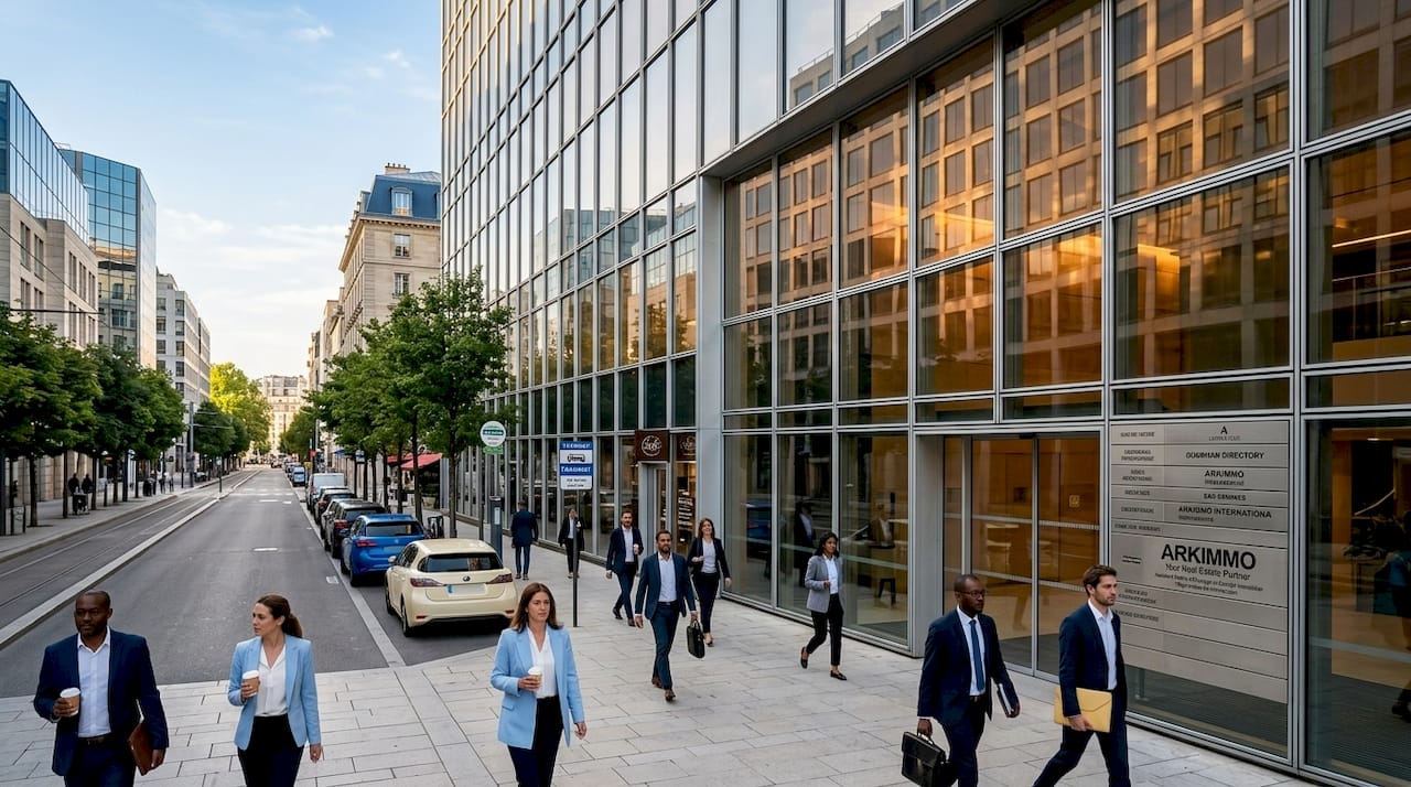Vue sur la façade d’un immeuble de bureaux situé au cœur d’un quartier d’affaires.